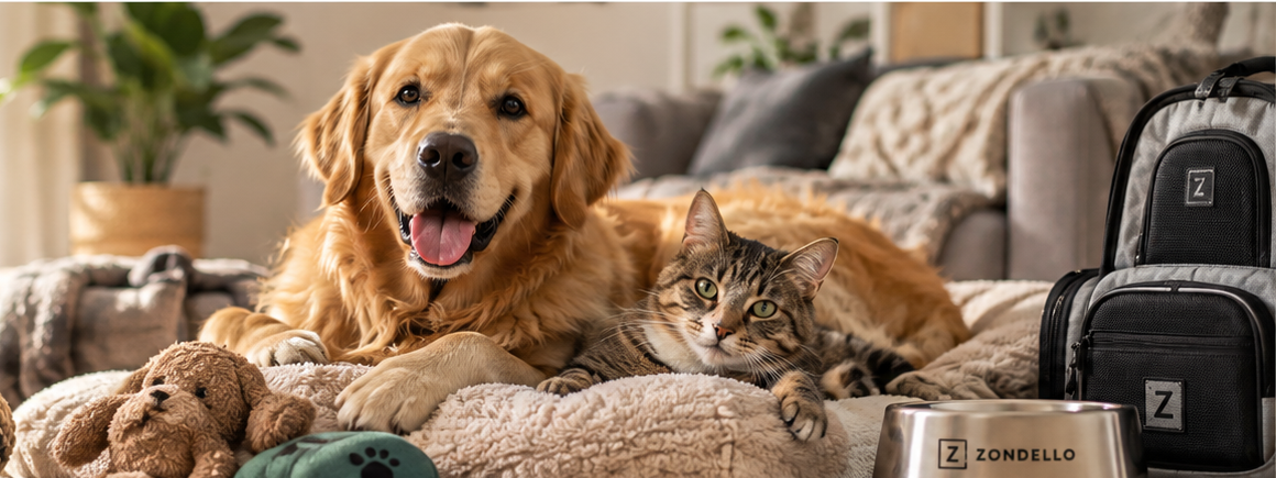 Golden retriever och katt med utvalda Zondello-produkter för husdjur